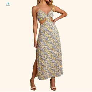 Lulu's Blue & Yellow Floral Cutout Maxi Dress with Side Slit